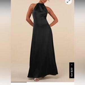 Lulu’s Elegant Black Halter Satin Maxi Dress